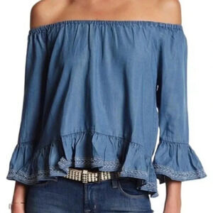 Walter Baker Womens Torrence Off The Shoulder Top Size L Blue Chambray